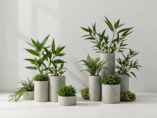 Various green plants in concrete pots are showcased on a white surface.