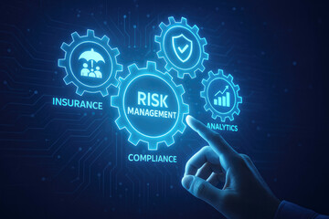 Fototapeta premium Futuristic risk management interaction with glowing blue gears and icons insurance