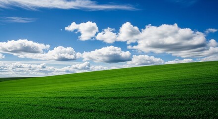 Lush Green Field Under Bright Blue Sky with Fluffy White Clouds in the Background