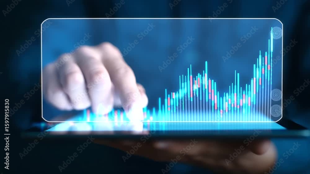 Poster futuristic hands interact with a holographic trading chart on digital devices.