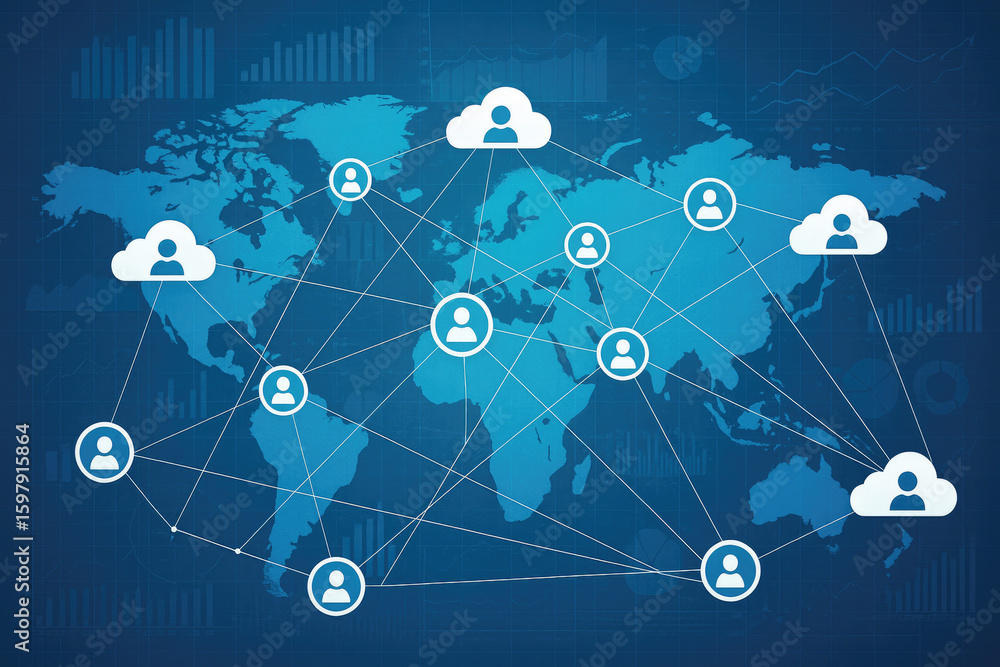 Poster global connections network with people and clouds global network world map