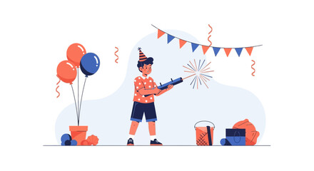 Cartoon Youngster Celebrating Birthday Party With Confetti Gun And Decorations