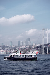 Contemporary Istanbul ferry cruising along the water near a city skyline, showcasing a large...