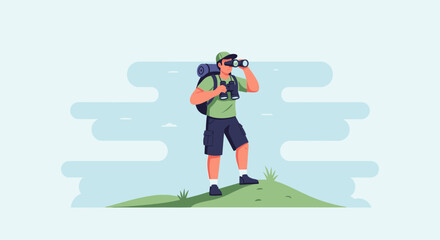 Fototapeta premium Adventurous Hiker Observing The Horizon With Binoculars On A Mountain Peak