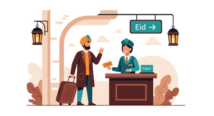Eid Travel Illustration Featuring a Passenger and Ticketing Officer
