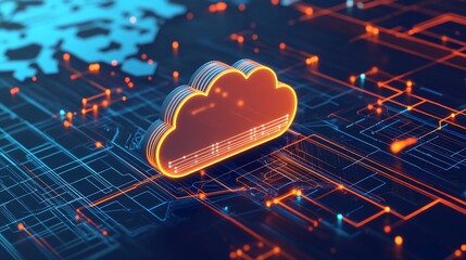 Cloud computing concept with a digital cloud icon, orange lines and blue background