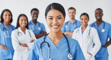 Portrait of a young, happy nurse standing together with healthcare team in the background. Successful team of doctors and nurses smiling
