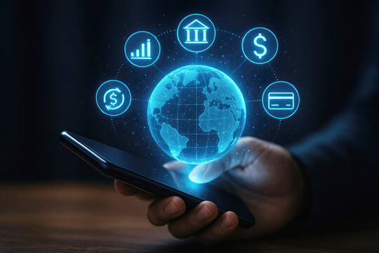 Global financial technology interface with digital icons fintech