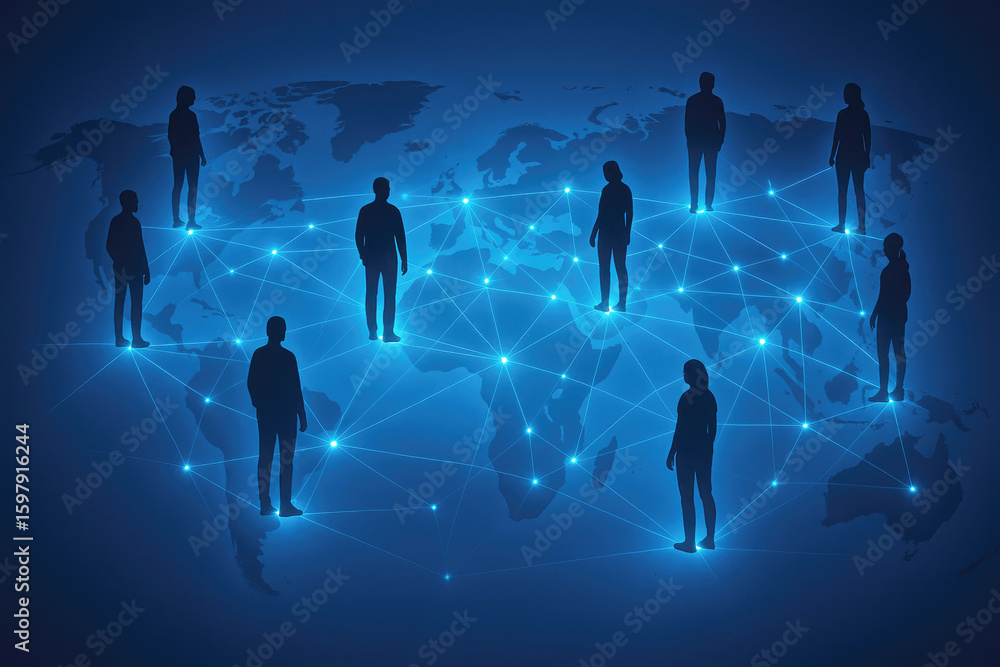 Poster global human network connection on world map global connection people