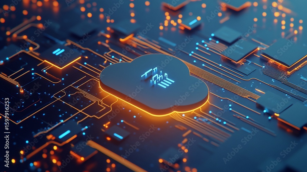 Poster abstract cloud computing technology concept with central server on circuit board