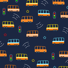 bus cars seamless vector cartoon pattern design for kids apparel fullprint fabric