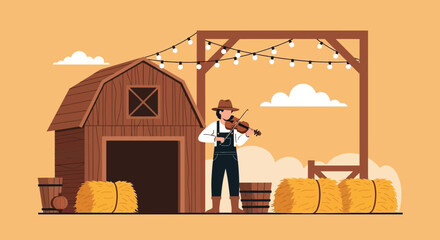 Country Serenade A Fiddler Plays For The Rural Harvest Evening On The Farm