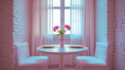 Cozy dining nook with a round table, pink flowers in a vase, and sunlight streaming through large window with curtains.