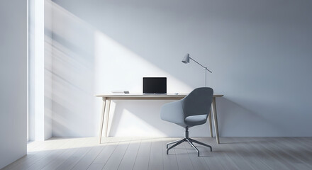 Modern Minimalist Workspace A clean and bright office interior with desk, chair, and natural light.