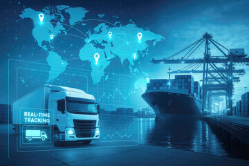 Global logistics network with truck and cargo ship tracking