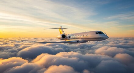 Private Jet Flying Above Clouds at Sunset for Luxury Travel