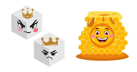 Cartoon angry king and queen sugar cubes with golden crown and happy honey character. Harmful and healthy food concept. Vector illustration