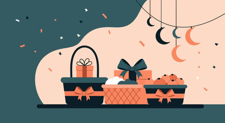 Elegant Baskets Of Gifts And Celebration Decoration For Special Islamic Holiday
