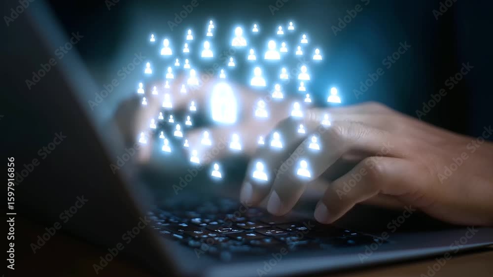 Poster close-up of hands typing on a laptop displaying a cybersecurity interface with a prominent padlock i