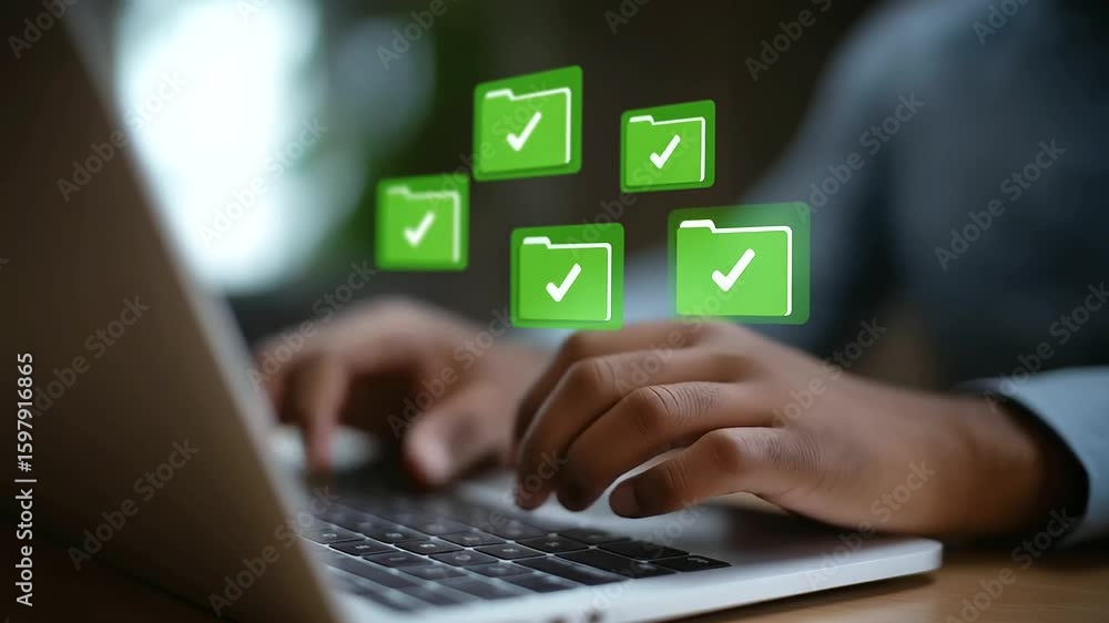 Poster close-up of hands typing on a laptop with digital security icons and locked file symbols overlay.