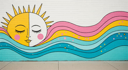 Vibrant sun mural on brick wall depicting a whimsical design, evoking positivity and joy