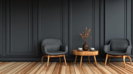 Dark, cozy living area with wooden accents