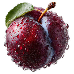 A ripe plum with fresh water droplets rotates slightly to highlight taut skin, deep purple tones, and glistening surface texture, isolated on transparent background. --v 7.0 --s 250 --raw