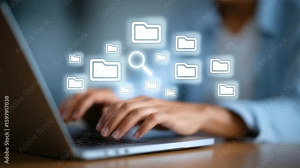 Poster close-up of hands navigating a file management interface on a laptop, featuring search icons.