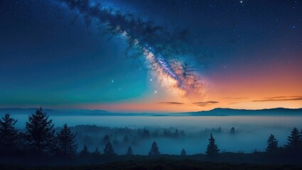 Obraz premium Night sky with Milky Way over forest landscape at dusk. Astronomy, stars, and celestial phenomena. The beauty of night sky observation and cosmic exploration.