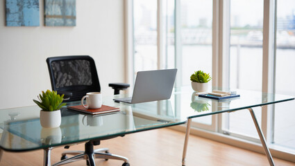 Modern Office Desk with Laptop, Minimalist Workspace and Home Office Setup