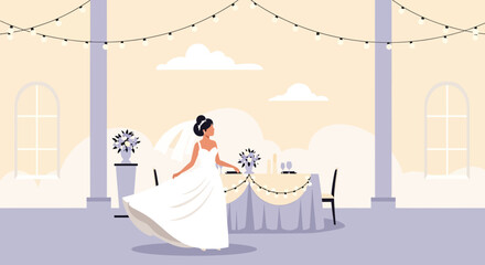 Elegant Bride Celebrating Wedding Day At Festive Reception Venue Interior