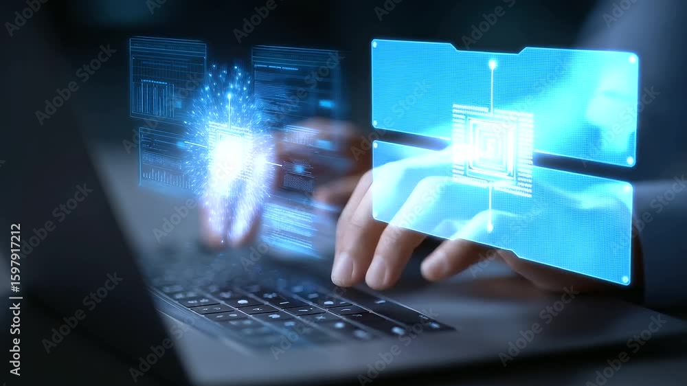 Poster close-up of hands typing on a laptop featuring an ai chip and futuristic digital interface.