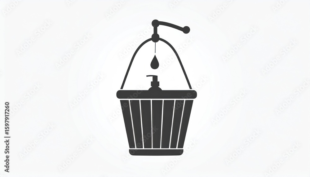 Poster silhouette of a floating shower caddy with shampoo and droplet icon against a clear background