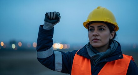 Empowered woman in construction raising fist. Symbol of progress, equality, & labor rights. Perfect for campaigns on women in STEM, International Women's Day & labor day.