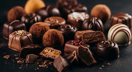 Decadent chocolate collection on a dark background offering a delightful assortment for dessert enthusiasts and sweet cravings.