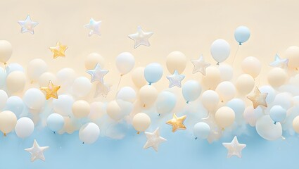 Dreamy pastel balloons and stars float against a soft sky backdrop