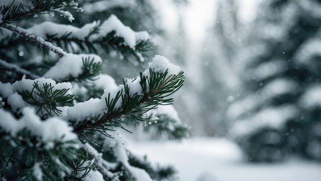 Snow-covered pine branches in winter, with blurred background. Cold and serene winter landscape. Nature and seasonal scenery. The peacefulness of winter.