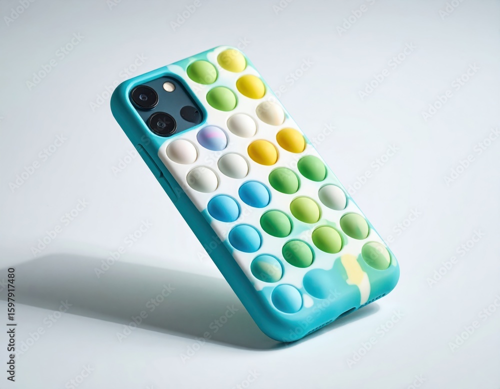 Poster smartphone case featuring a bubble wrap pattern in bright colors with turquoise frame and white back