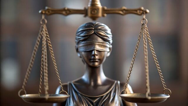 Bronze Statue of Female Figure Blindfolded Holding Scales Symbolizing Justice and Law in a Court Setting