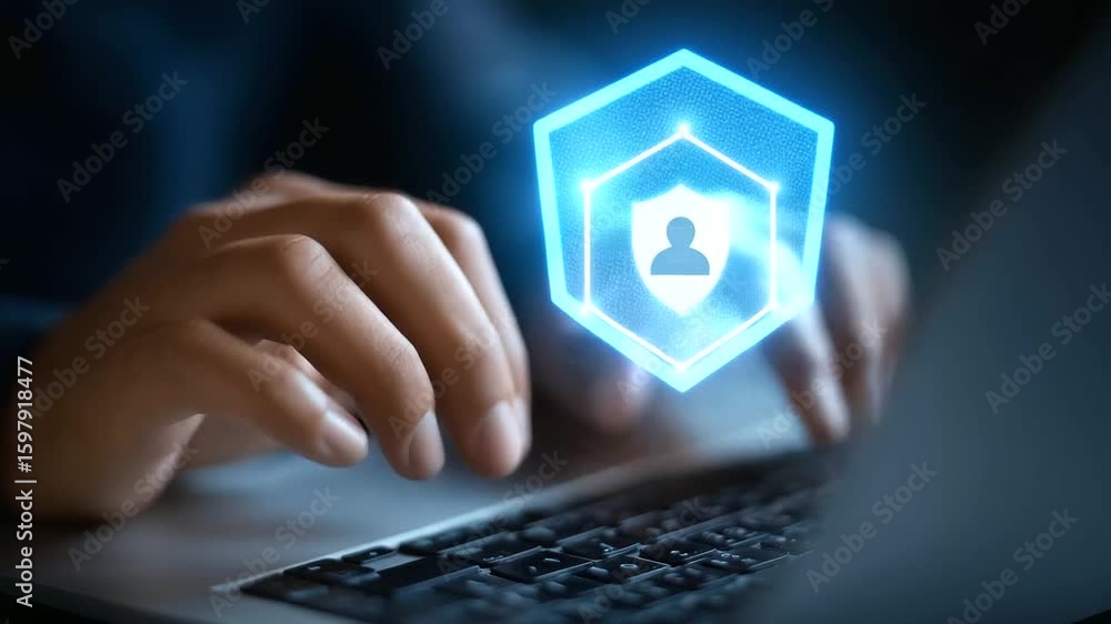 Poster animated security interface featuring a digital badge and user group icon for identity protection.