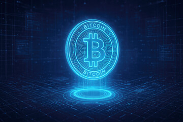Glowing blue bitcoin emblem on digital circuit background cryptocurrency finance