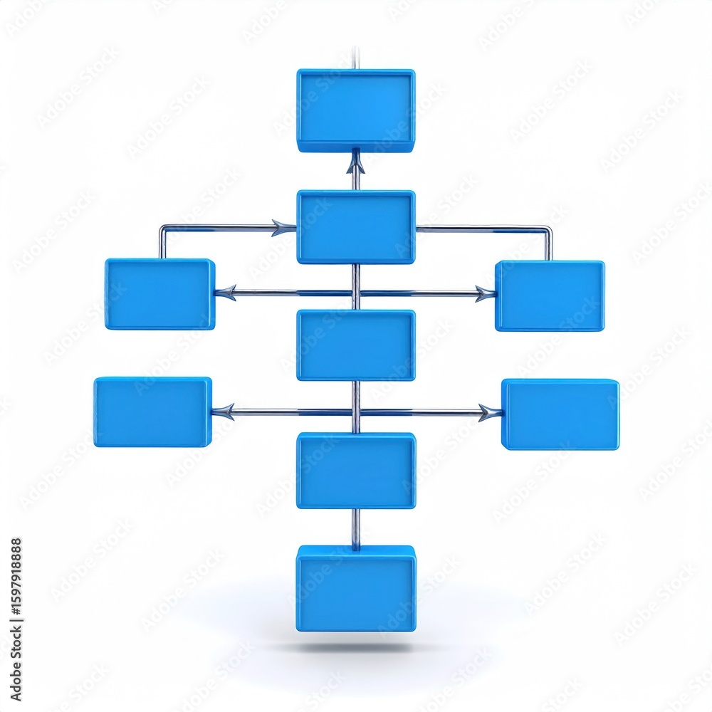 Poster three dimensional blue flowchart icon with floating nodes and arrows on white background