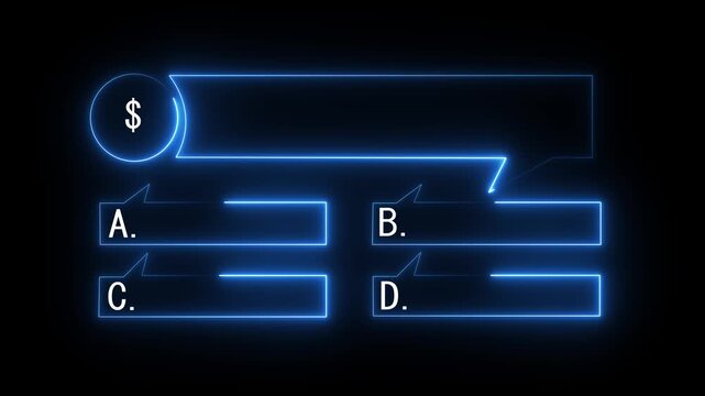 3d Quiz neon animation with option selection quiz question quiz template challenge with option selection, black background....