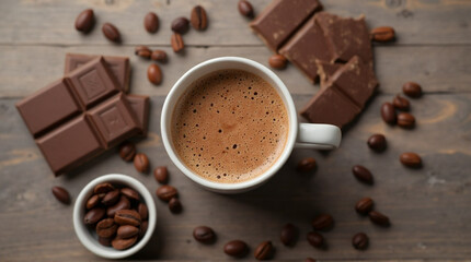 Fototapeta premium Warm cup of coffee with chocolate bars and coffee beans on a wooden table, flat lay overhead view.