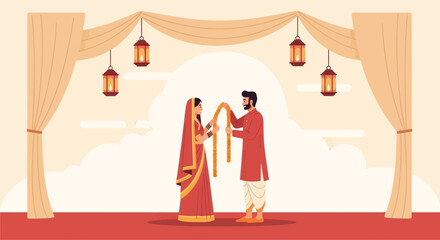 Couple Performing Rituals At A Traditional Hindu Wedding Ceremony Backdrop
