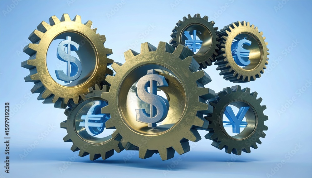 Poster three dimensional golden gears intertwined with currency symbols on light blue backdrop representing