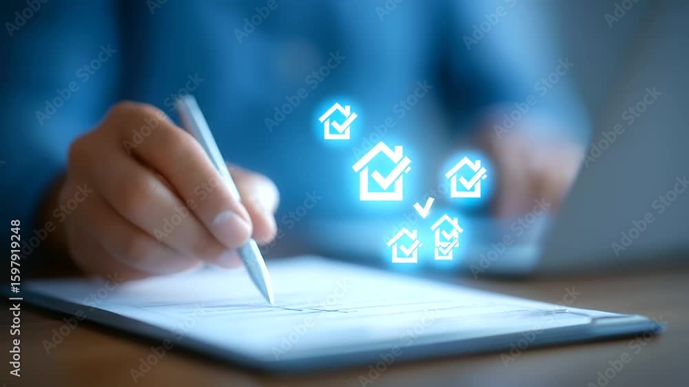 Poster dynamic real estate management interface featuring floating icons and interactive checklists.