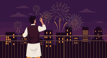 Celebrating Diwali Night Festival Of Lights With Fireworks Over City Skyline