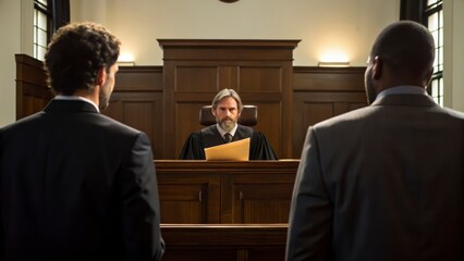 Judge Delivering Verdict in Courtroom During Legal Proceedings with Two Defendants Present