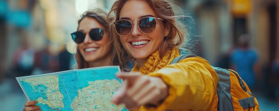 Smiling friends exploring a city while reading a map and sightseeing